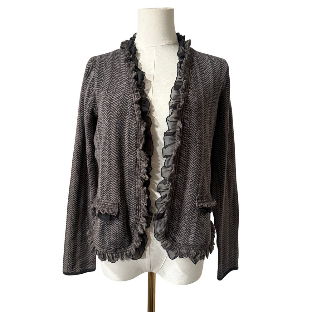 Dana Buchman XS Gray Herringbone Ruffle Fringe Wool Blend Cardigan Jacket Luxury